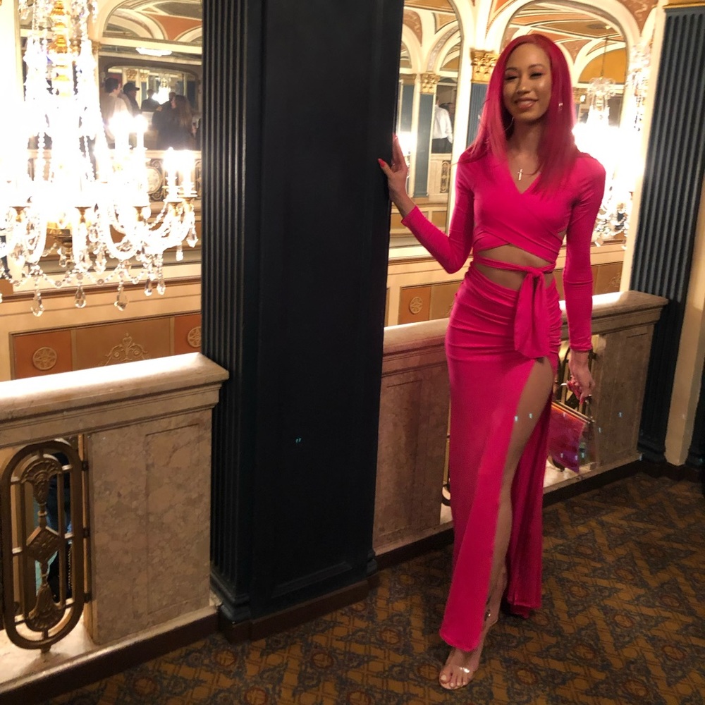 Cut A Figure Tie Waist Thigh Split Two Piece in Hot a Pink